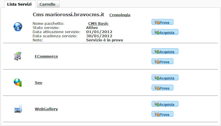 Lista dei servizi