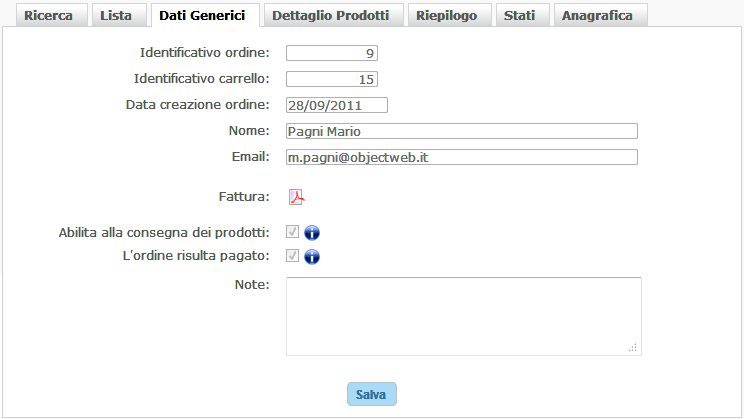 Dati generici relativi all'ordine