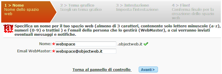 Scelta del nome dello spazio Web