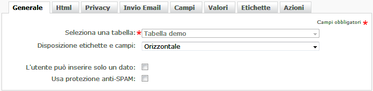 Scheda Generale tabelle - acquisizione