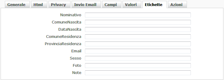 Scheda Etichette tabelle - acquisizione