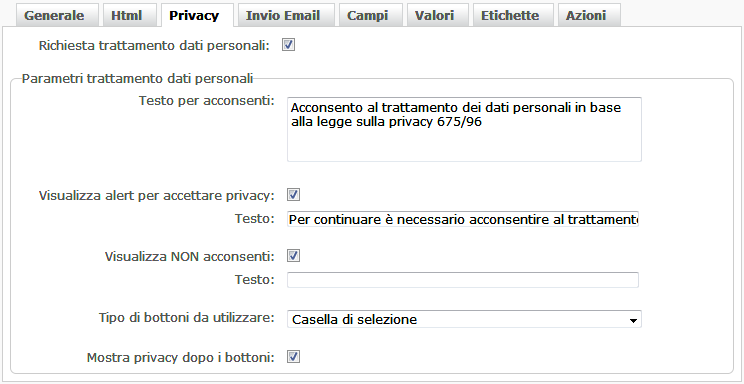 Scheda Privacy tabelle - acquisizione