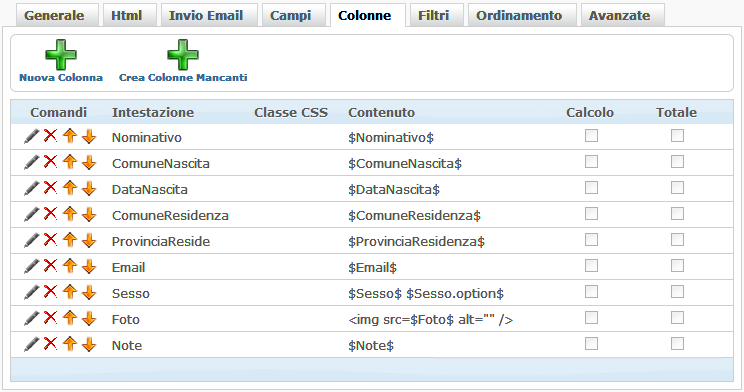 Scheda Colonne tabelle utente - gestione