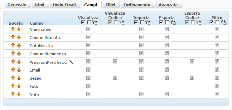 Scheda Campi tabelle utente - gestione