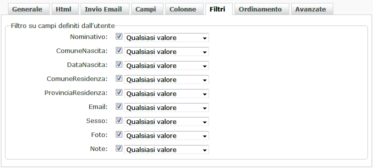 Scheda Filtri tabelle utente - gestione