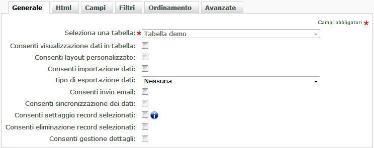 Configurazione gestione tabelle sheda generale