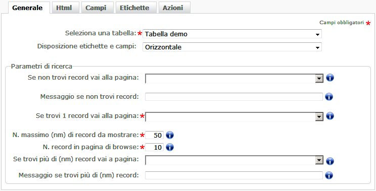 Scheda Generale tabelle utente - ricerca